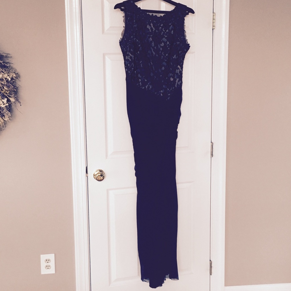 Navy blue floor length lace gown